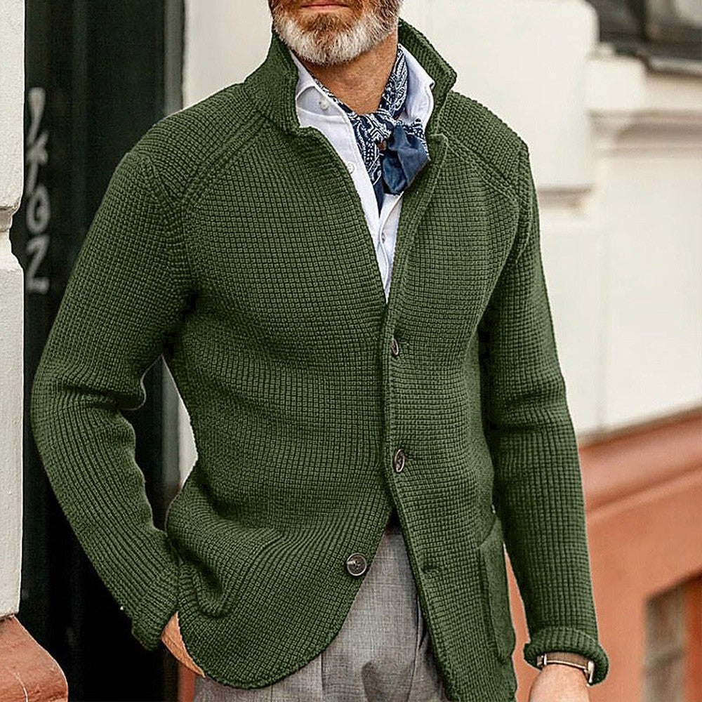 Men's Stand Collar Cardigan with Patch Pockets - Declan - Green
