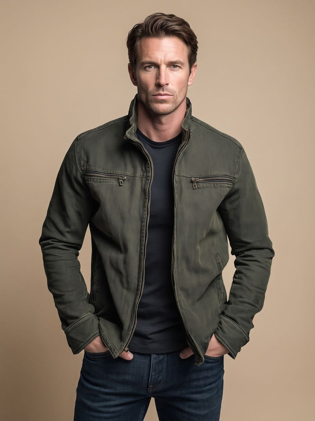Men's Stand Collar Jacket with Zip Pockets - Magnus - Army Green