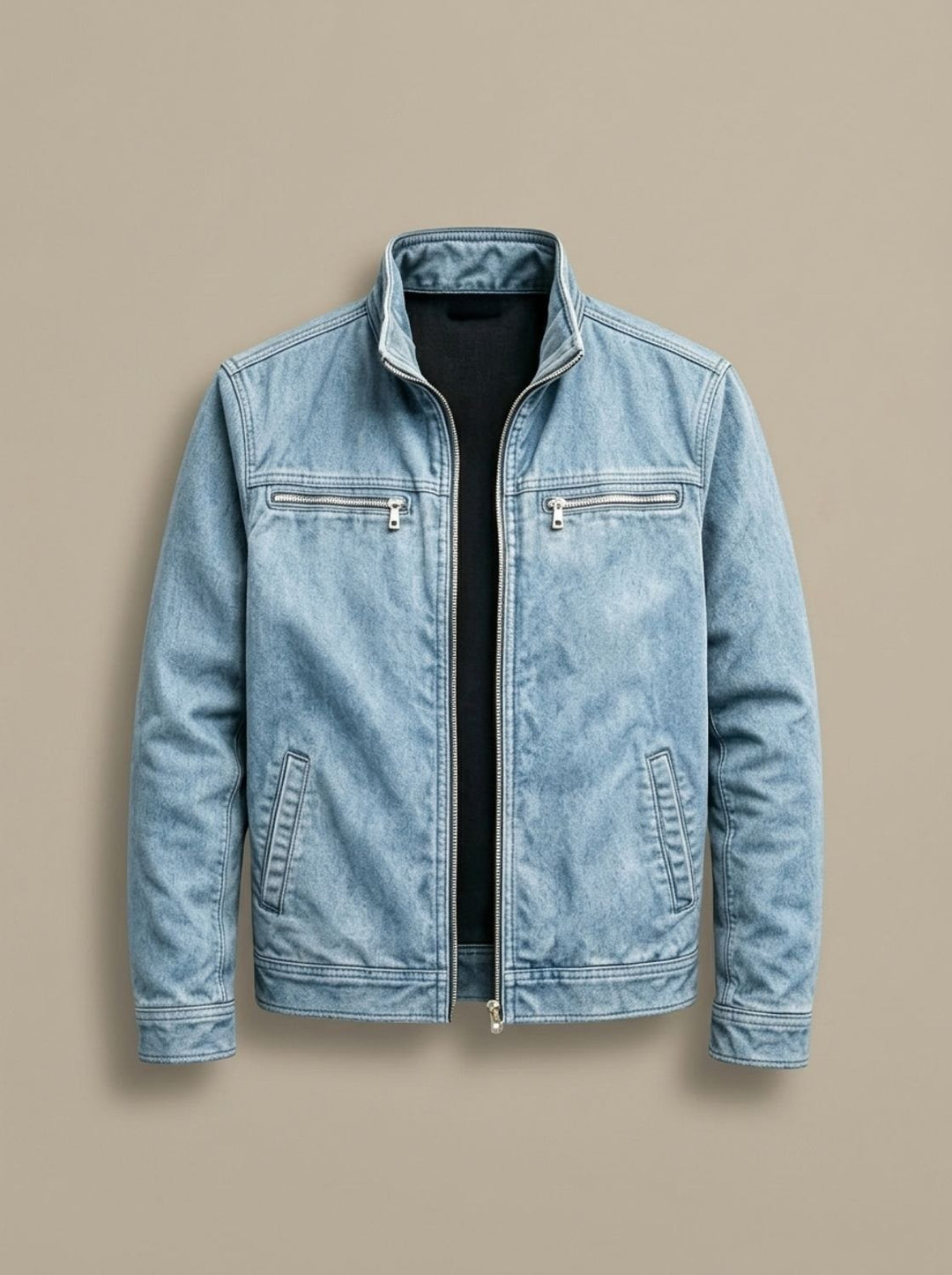 Men's Stand Collar Jacket with Zip Pockets - Magnus - Light Denim