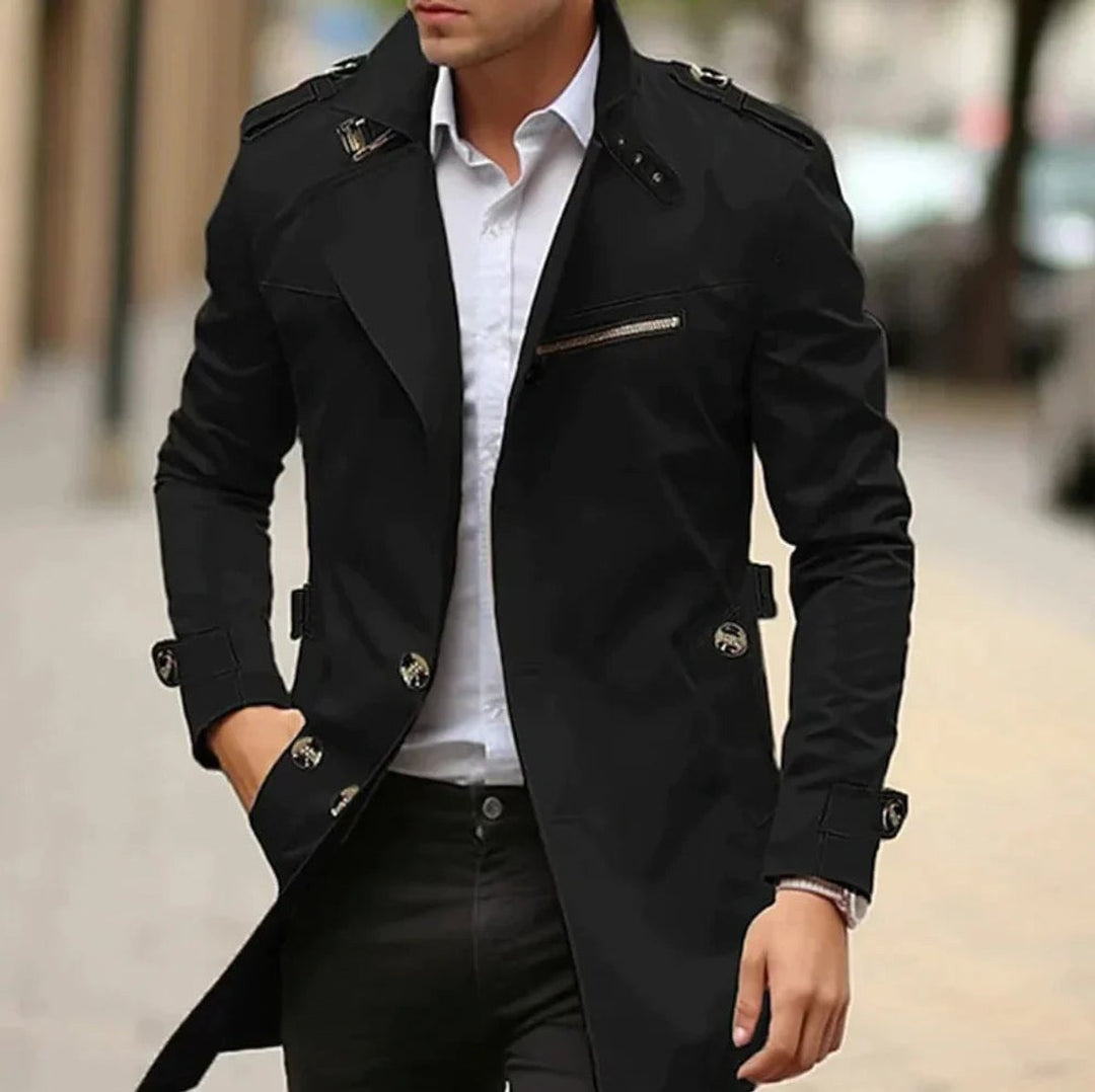 Men's Trench Coat with Shoulder Straps - Beckett - Black