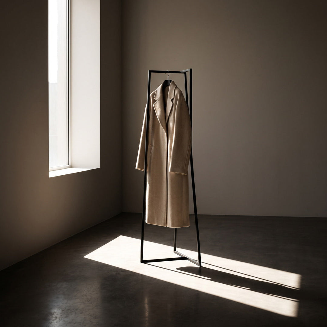 Woman's sand wool coat on a sculptural stand beside a tall window