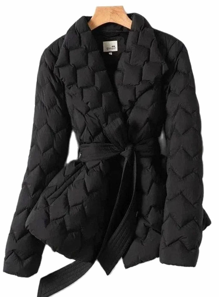 Women's Belted Puffer Coat with Wide Collar - Vivian - Black