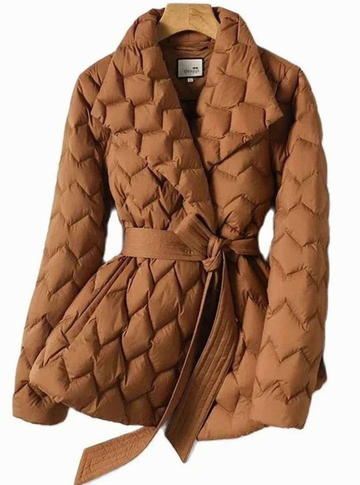 Women's Belted Puffer Coat with Wide Collar - Vivian - Caramel