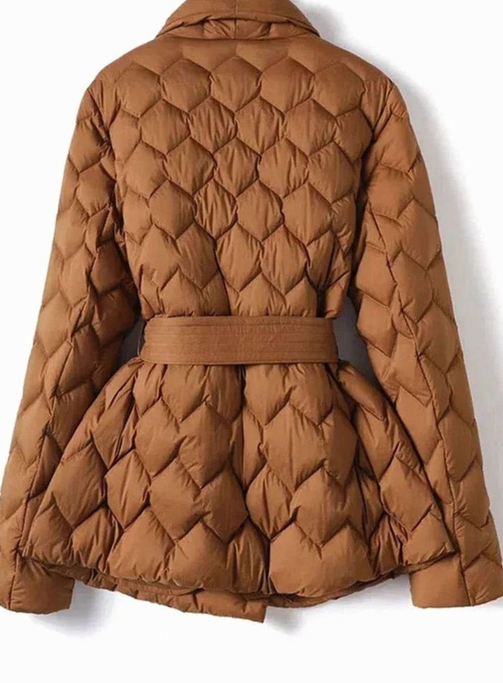 Women's Belted Puffer Coat with Wide Collar - Vivian - Caramel