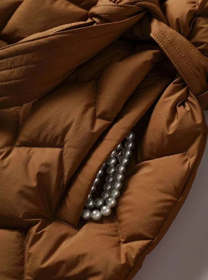 Women's Belted Puffer Coat with Wide Collar - Vivian - Caramel