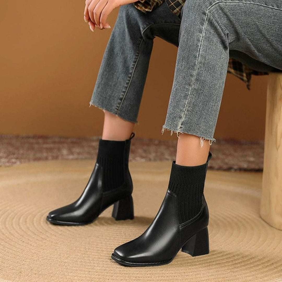 Women's Block Heel Ankle Boots with Knit Collar - Marlowe - Black