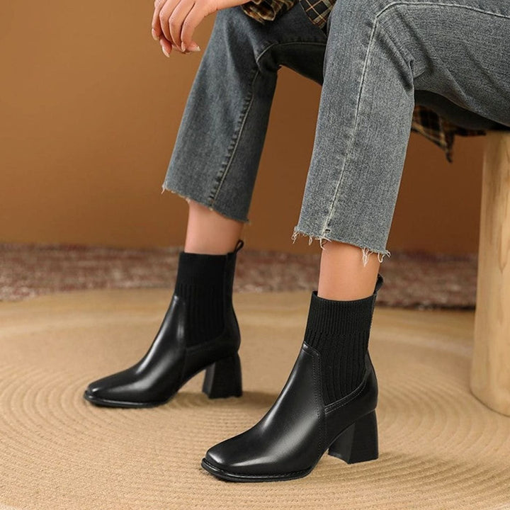 Women's Block Heel Ankle Boots with Knit Collar - Marlowe - Black