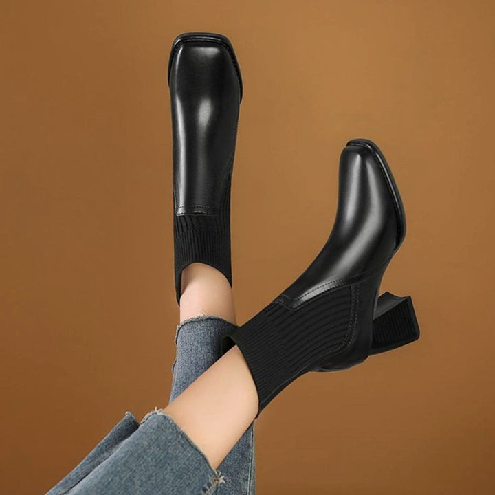 Women's Block Heel Ankle Boots with Knit Collar - Marlowe - Black