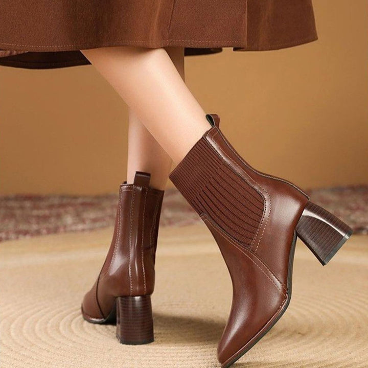 Women's Block Heel Ankle Boots with Knit Collar - Marlowe - Dark Brown
