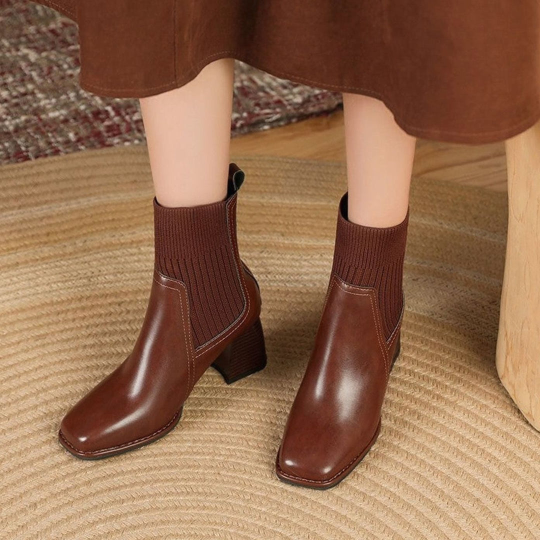 Women's Block Heel Ankle Boots with Knit Collar - Marlowe - Dark Brown