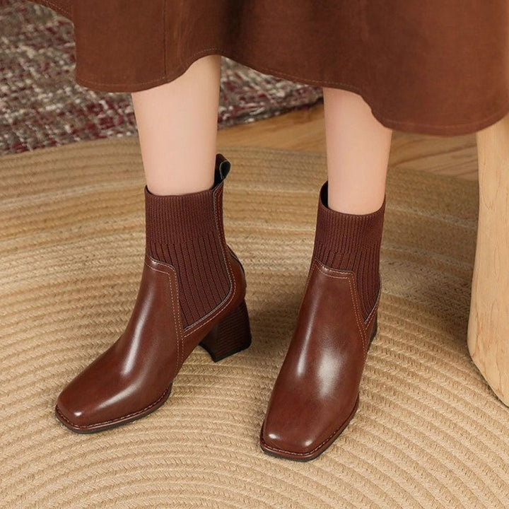 Women's Block Heel Ankle Boots with Knit Collar - Marlowe - Dark Brown