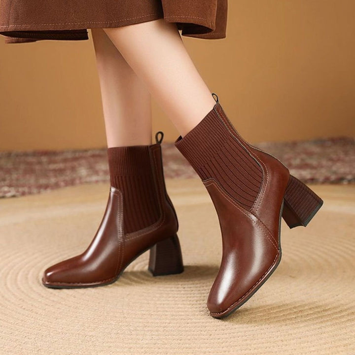 Women's Block Heel Ankle Boots with Knit Collar - Marlowe - Dark Brown