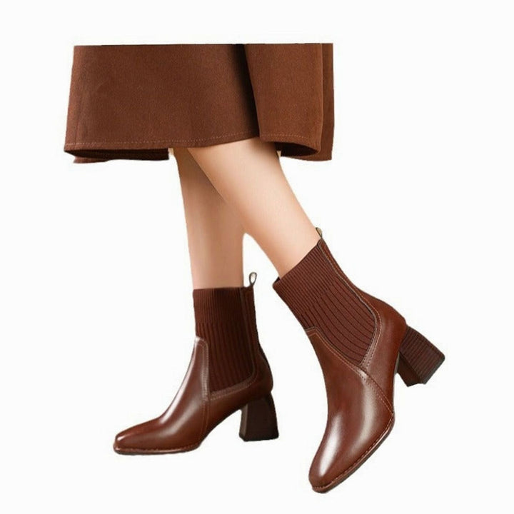 Women's Block Heel Ankle Boots with Knit Collar - Marlowe - Dark Brown