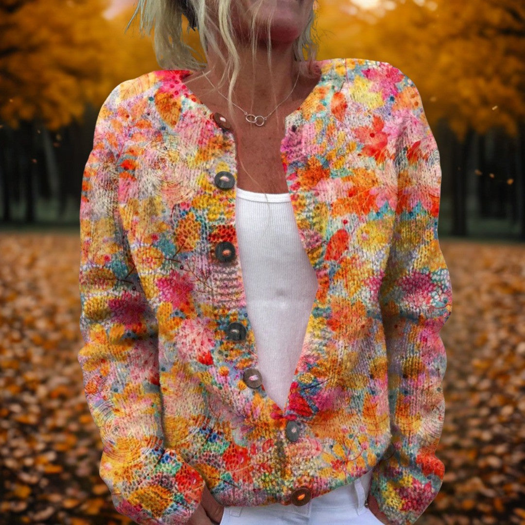 Women's Bright Floral Button Cardigan with Round Neck - Nina - Coral Multi