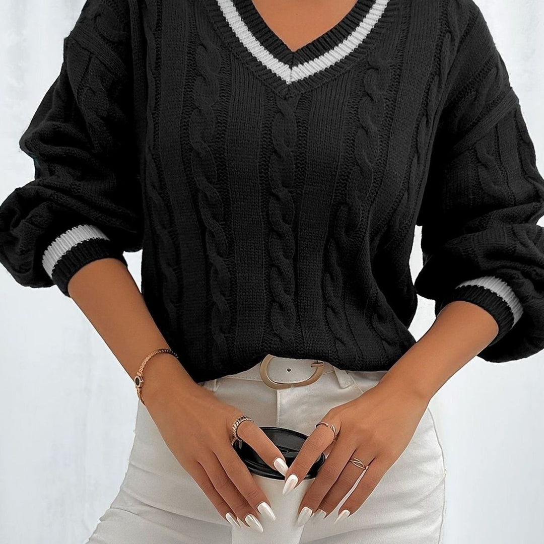 Women's Cable Knit Sweater with Tipped V Neck - Paloma - Black