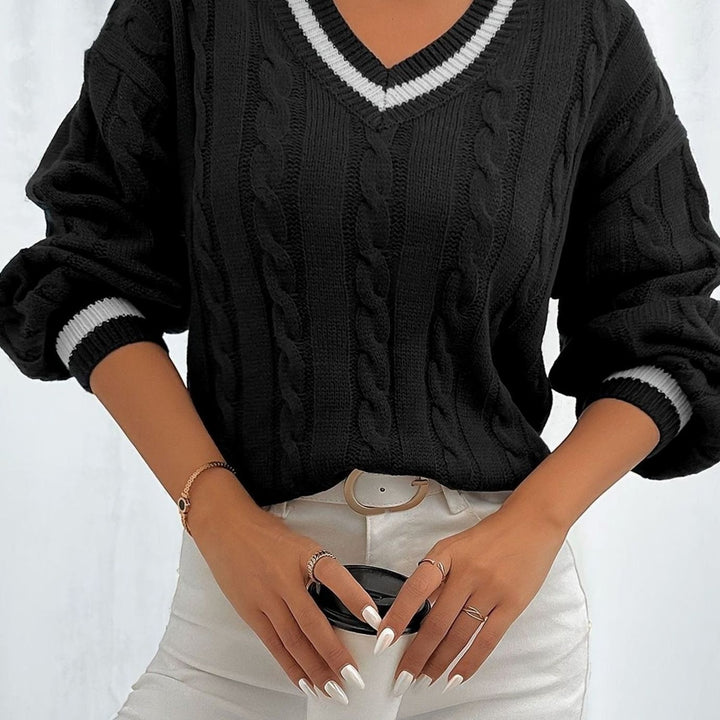 Women's Cable Knit Sweater with Tipped V Neck - Paloma - Black