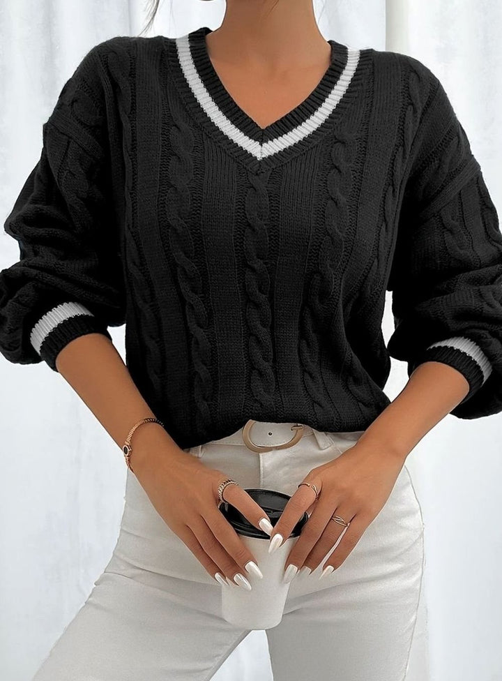 Women's Cable Knit Sweater with Tipped V Neck - Paloma - Black