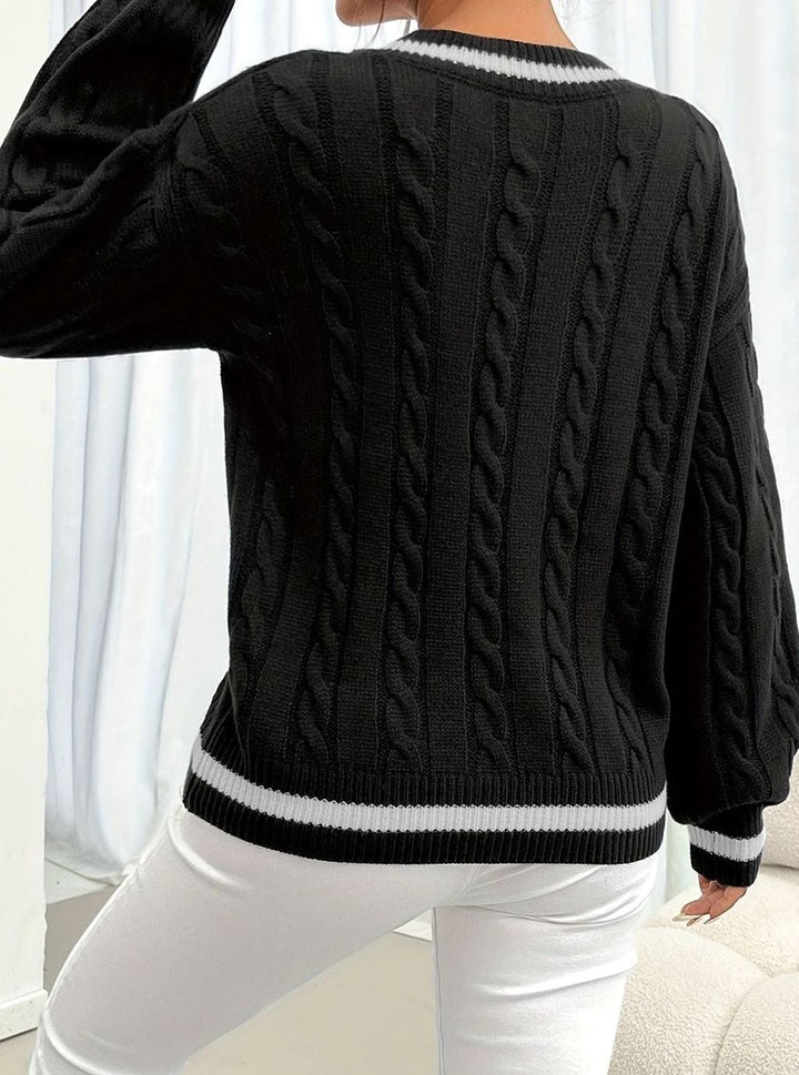 Women's Cable Knit Sweater with Tipped V Neck - Paloma - Black