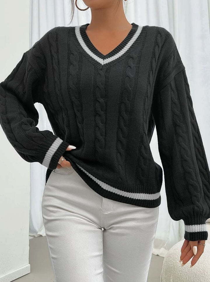 Women's Cable Knit Sweater with Tipped V Neck - Paloma - Black