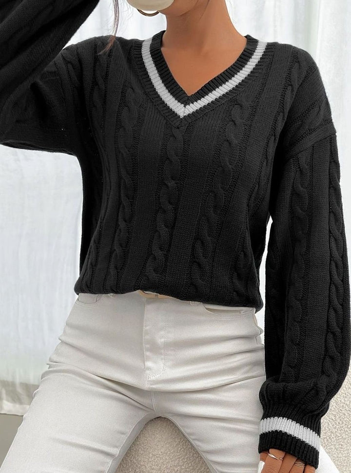 Women's Cable Knit Sweater with Tipped V Neck - Paloma - Black