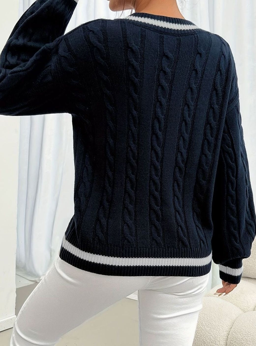 Women's Cable Knit Sweater with Tipped V Neck - Paloma - Navy