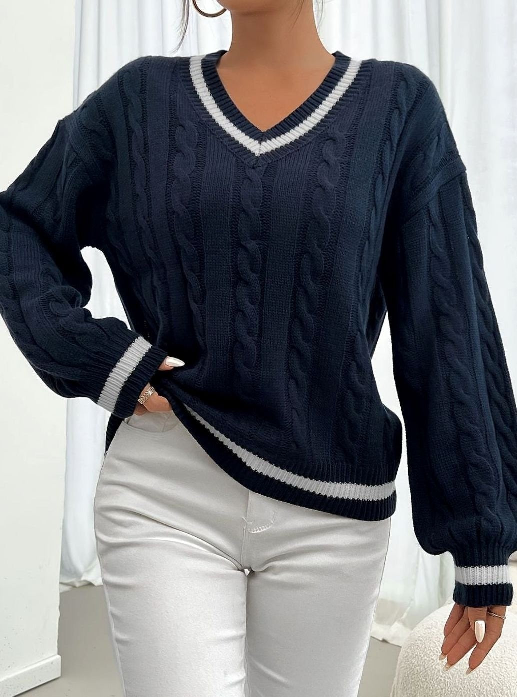 Women's Cable Knit Sweater with Tipped V Neck - Paloma - Navy