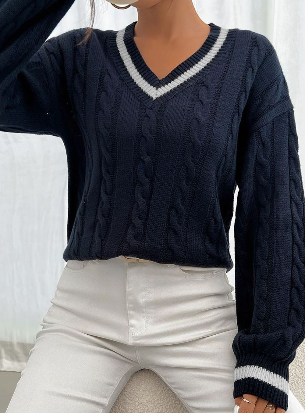 Women's Cable Knit Sweater with Tipped V Neck - Paloma - Navy