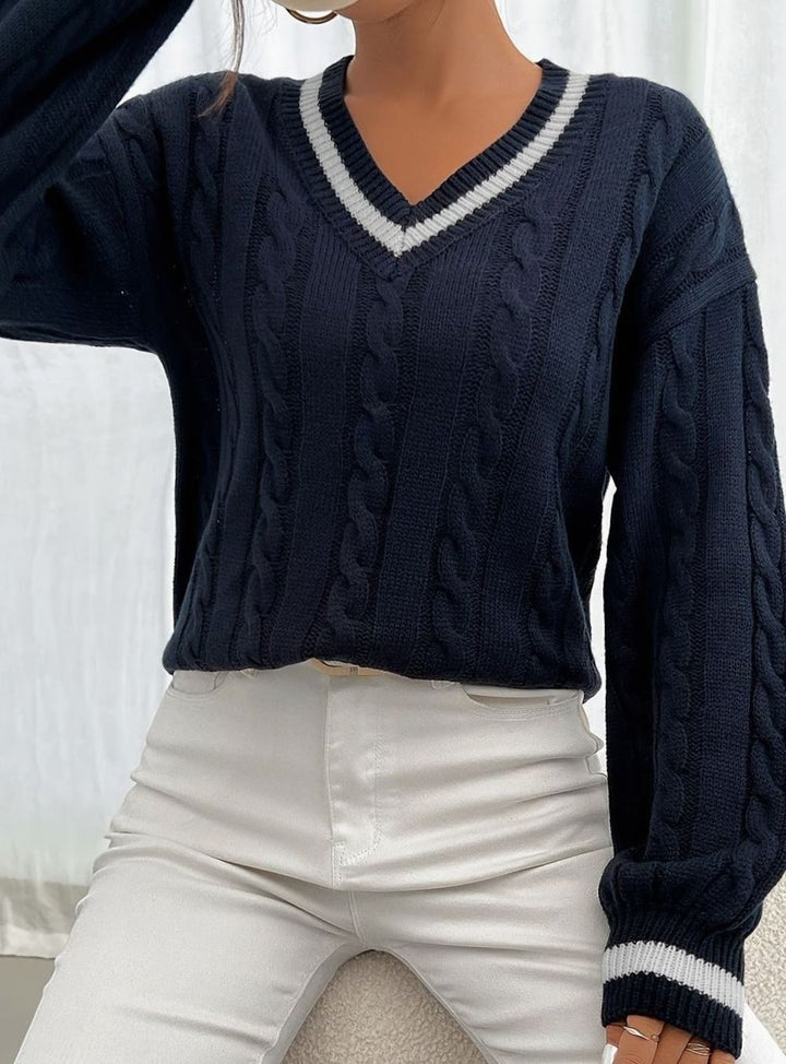 Women's Cable Knit Sweater with Tipped V Neck - Paloma - Navy