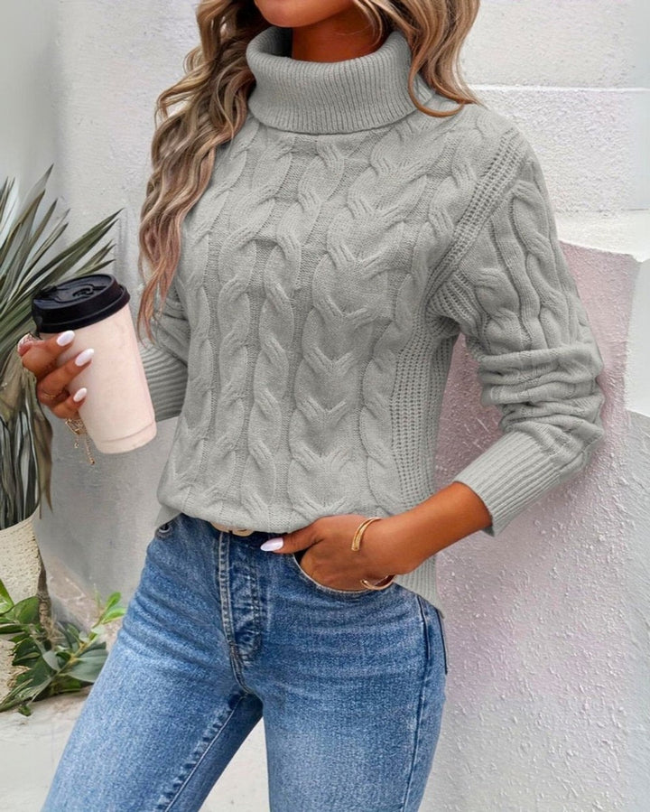 Women's Cable Knit Turtleneck Sweater - Xenia - Gray