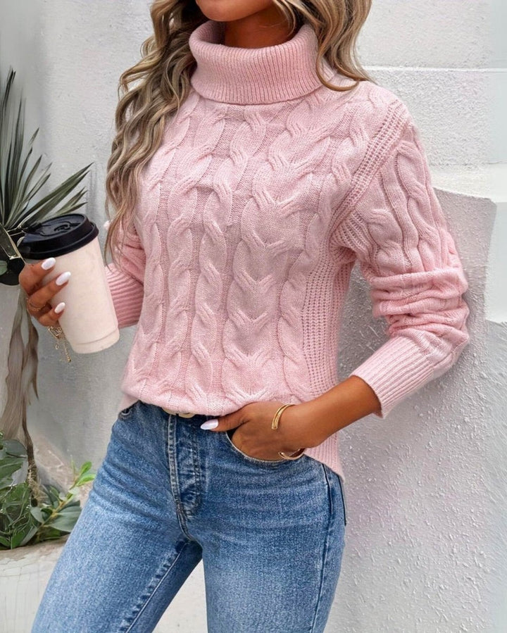 Women's Cable Knit Turtleneck Sweater - Xenia - Pink