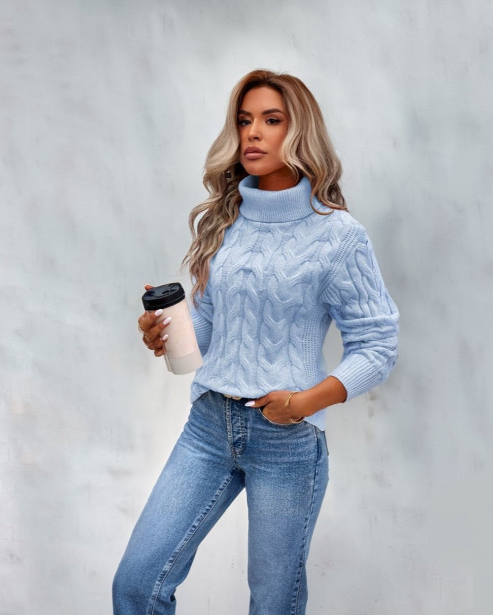 Women's Cable Knit Turtleneck Sweater - Xenia - Powder Blue