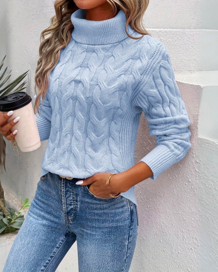 Women's Cable Knit Turtleneck Sweater - Xenia - Powder Blue