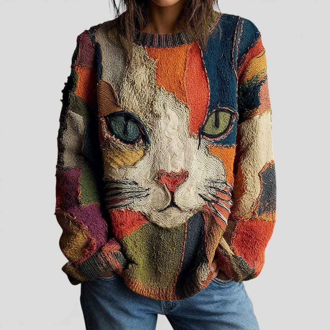 Women's Cat Print Crew Neck Sweater - Eden - Multicolor