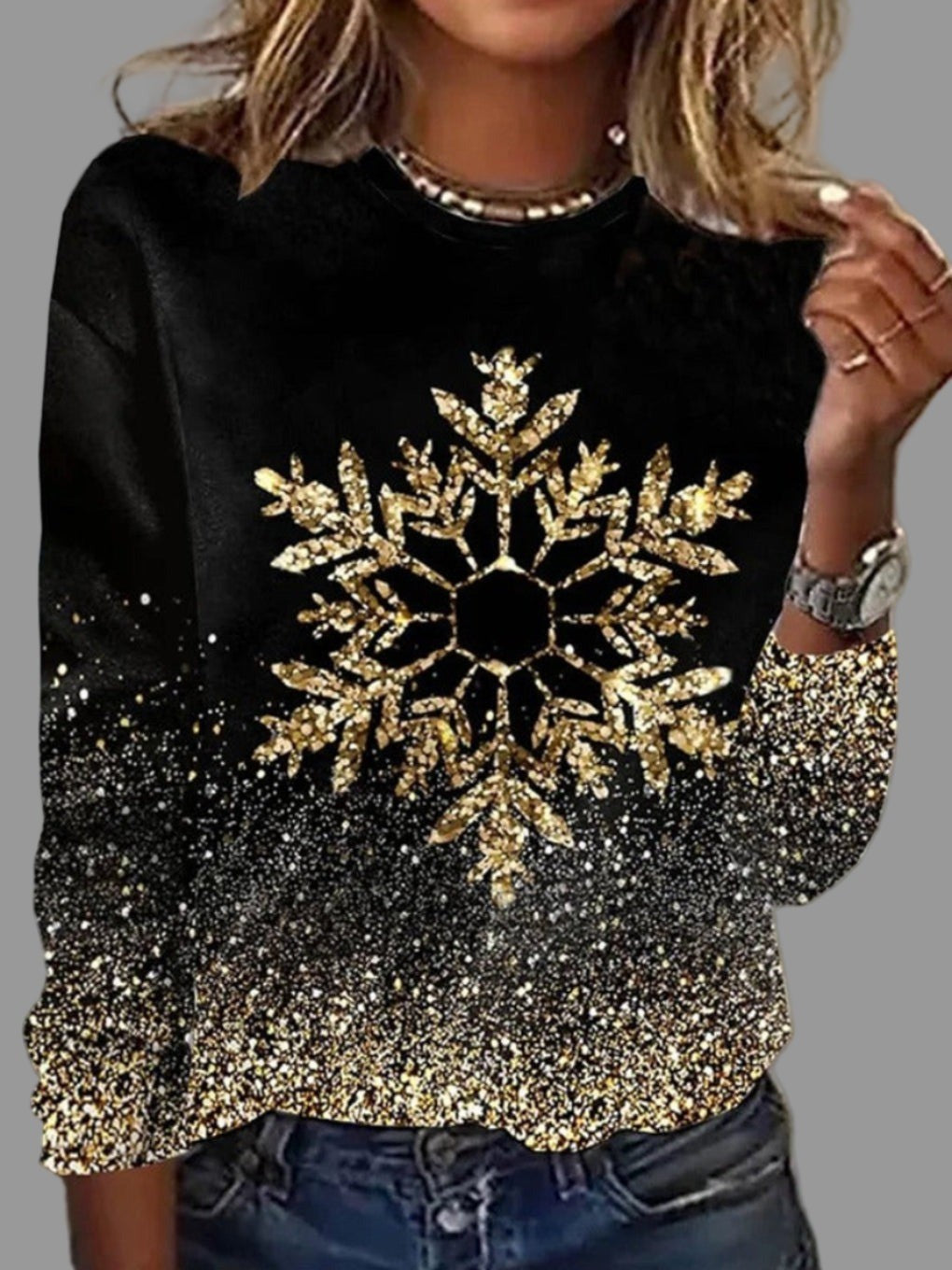 Women's Christmas Sweatshirt with Gold Snowflake - Hattie - Black Gold