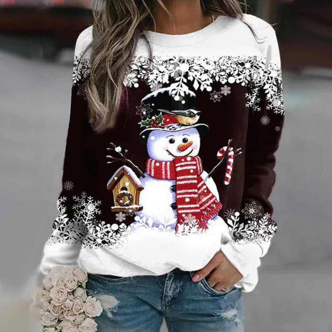 Women's Christmas Sweatshirt with Snowman Print - Ines - Dark Brown