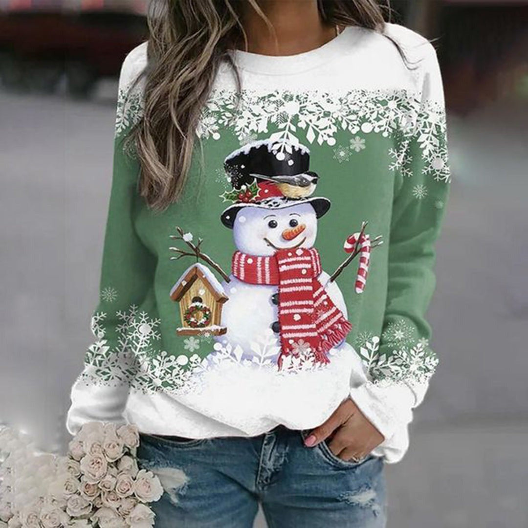 Women's Christmas Sweatshirt with Snowman Print - Ines - Green