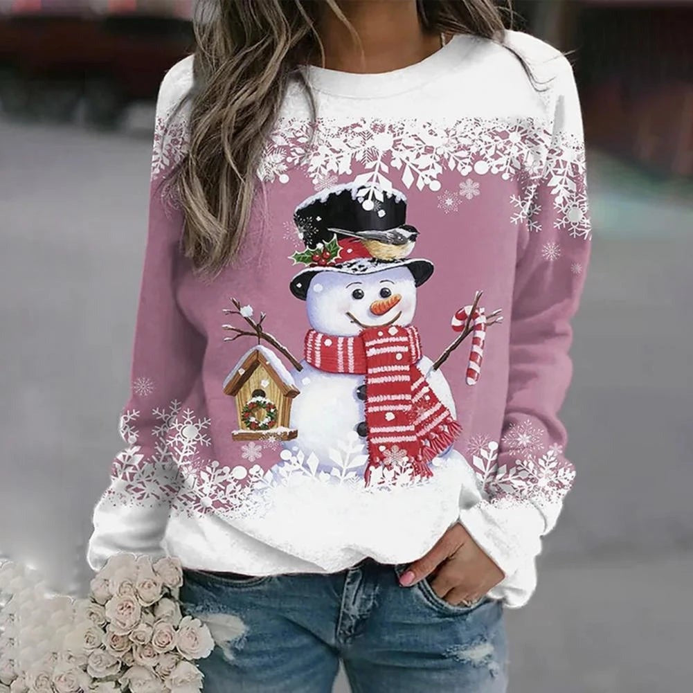 Women's Christmas Sweatshirt with Snowman Print - Ines - Pink