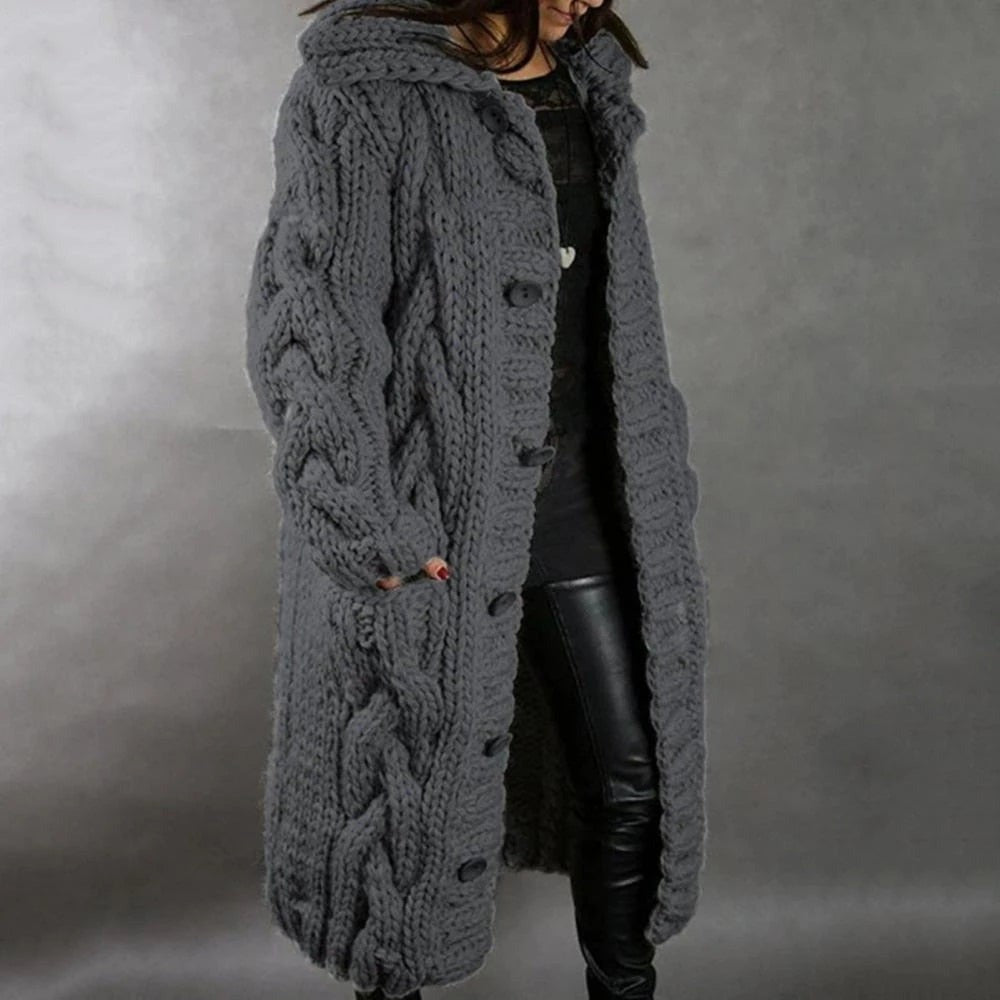 Women's Chunky Cable Long Cardigan - Mira - Charcoal