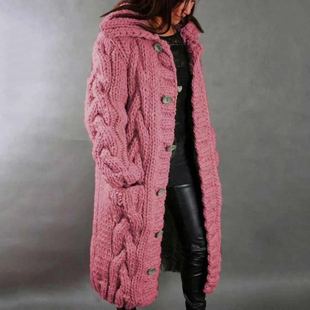 Women's Chunky Cable Long Cardigan - Mira - Pink
