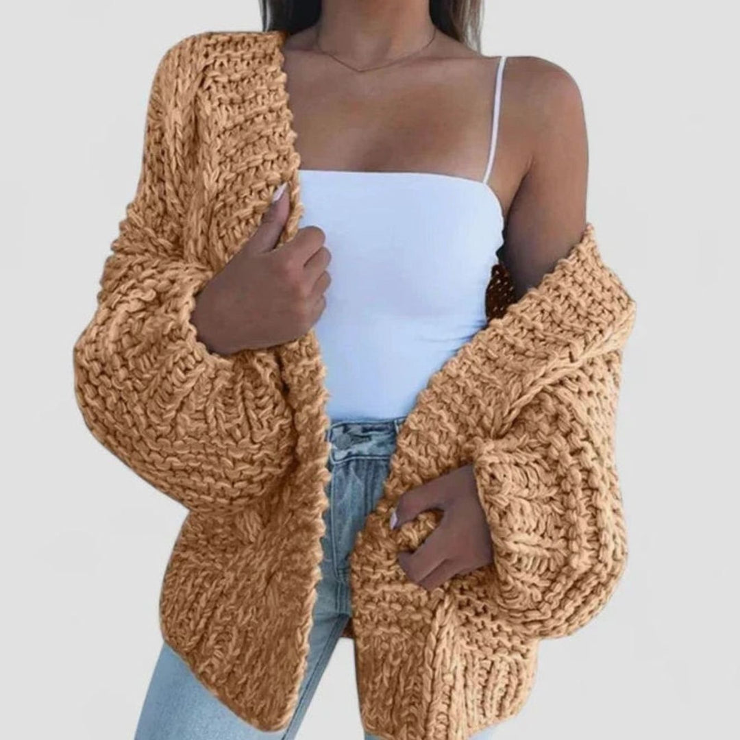 Women's Chunky Oversized Cardigan with Open Front - Sadie - Camel