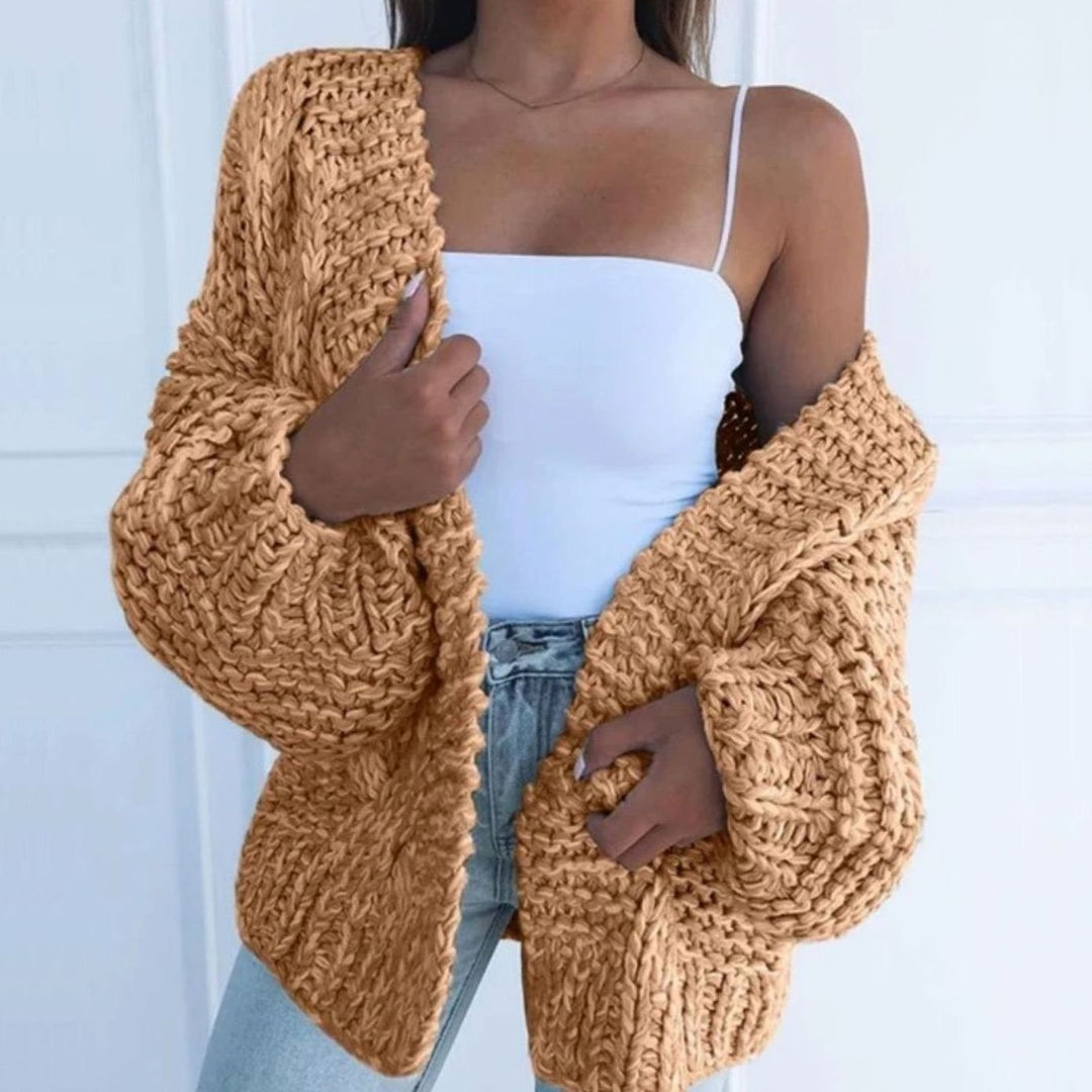 Women's Chunky Oversized Cardigan with Open Front - Sadie - Camel