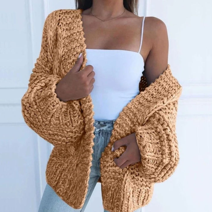 Women's Chunky Oversized Cardigan with Open Front - Sadie - Camel