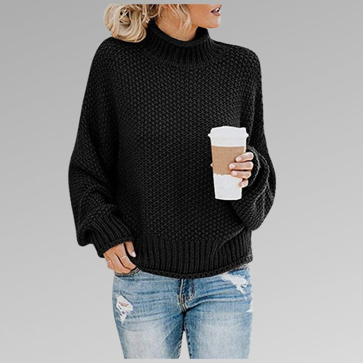 Women's Chunky Turtleneck Sweater with Puff Sleeves - Ember - Black