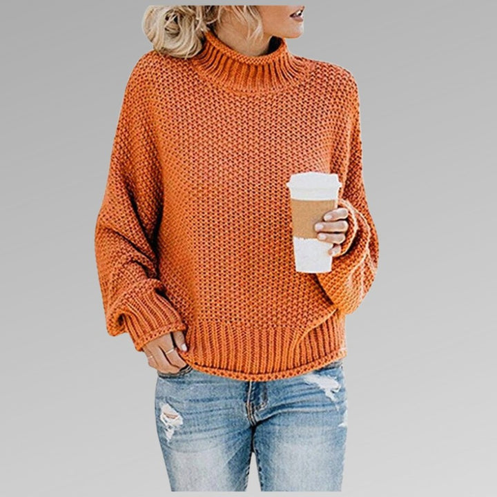 Women's Chunky Turtleneck Sweater with Puff Sleeves - Ember - Burnt Orange