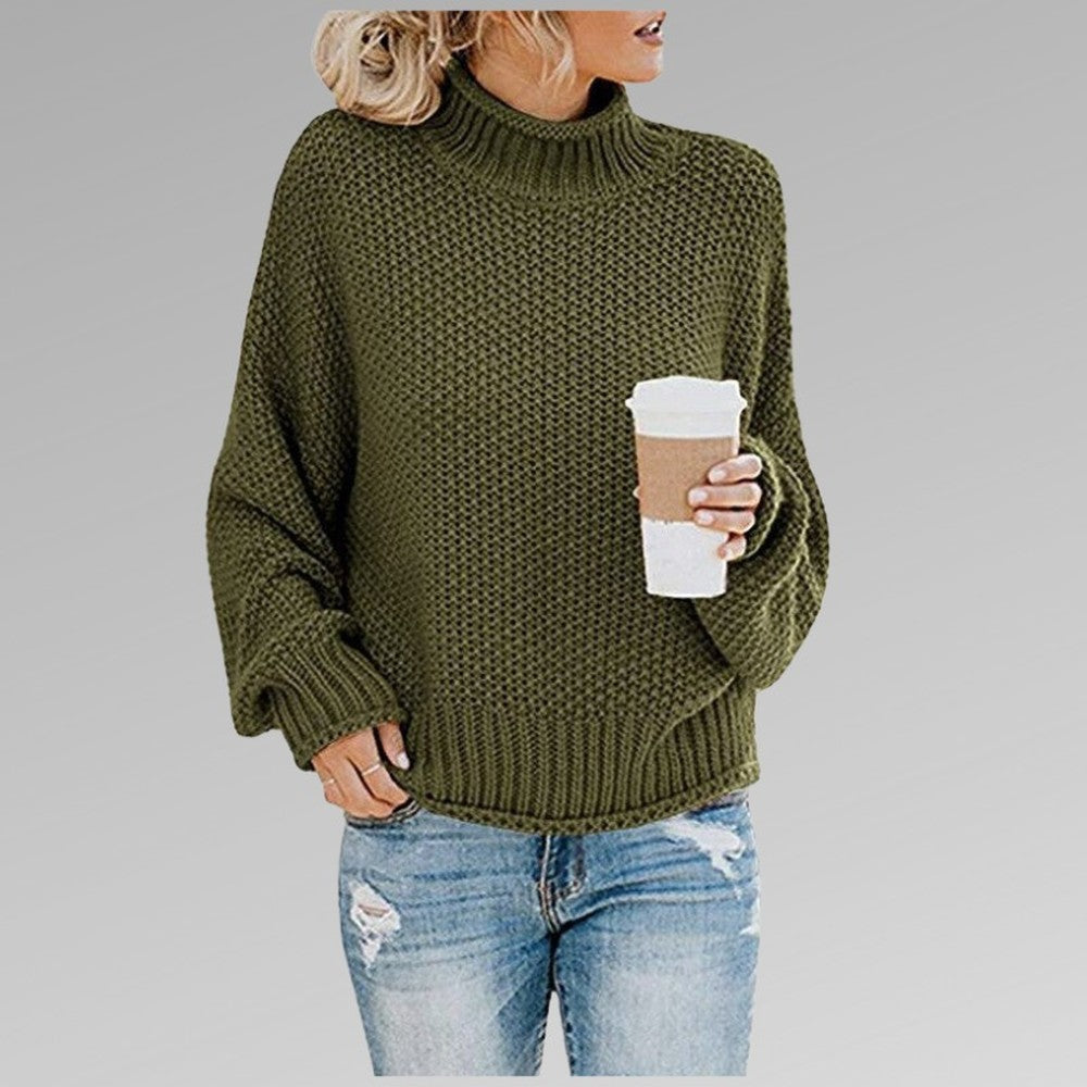 Women's Chunky Turtleneck Sweater with Puff Sleeves - Ember - Olive