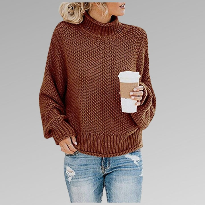 Women's Chunky Turtleneck Sweater with Puff Sleeves - Ember - Rust