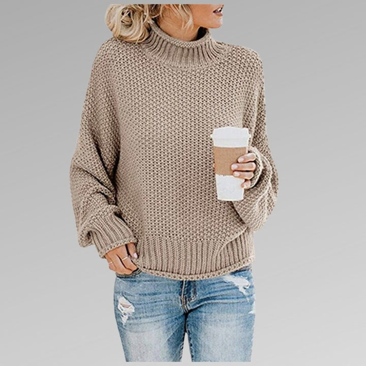 Women's Chunky Turtleneck Sweater with Puff Sleeves - Ember - Taupe