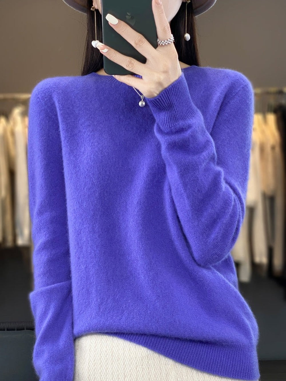 Women's Classic Crew Neck Sweater with Long Sleeves - Ida - Blue Violet