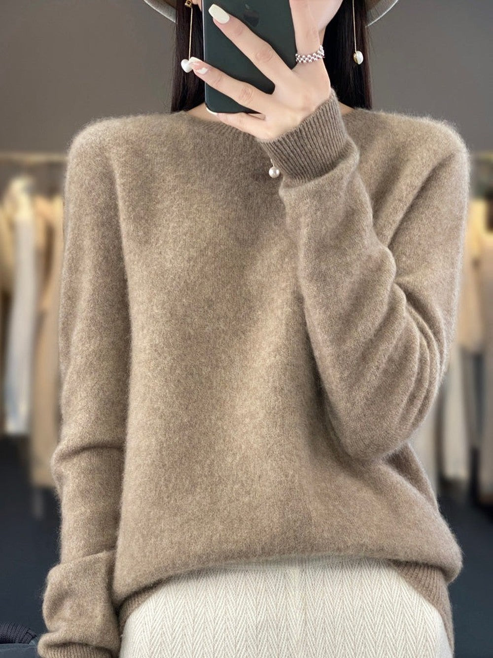 Women's Classic Crew Neck Sweater with Long Sleeves - Ida - Camel