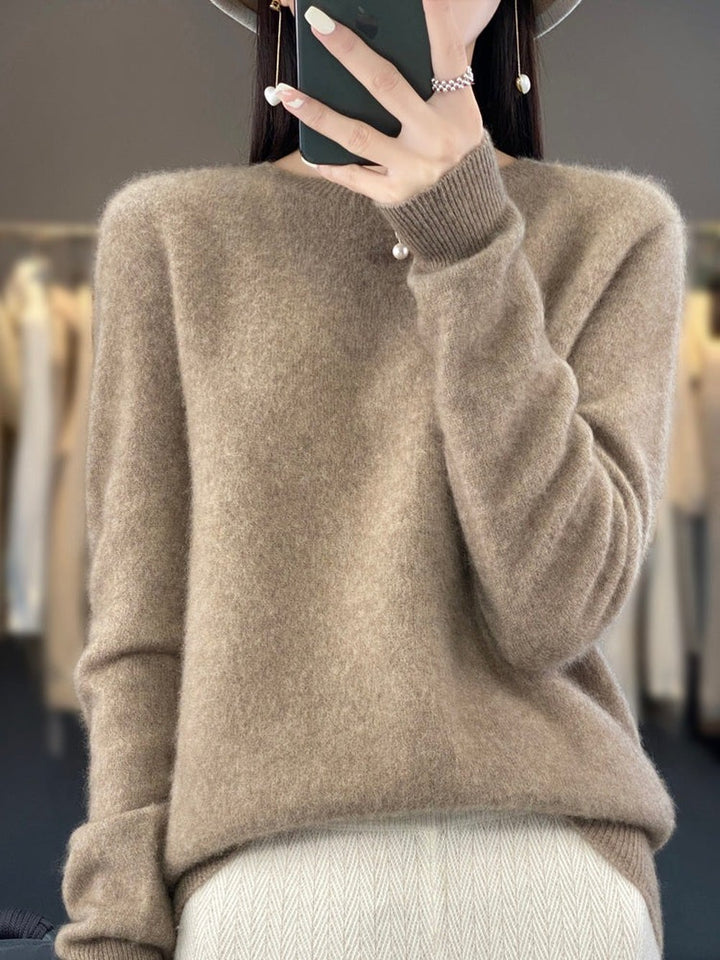 Women's Classic Crew Neck Sweater with Long Sleeves - Ida - Camel